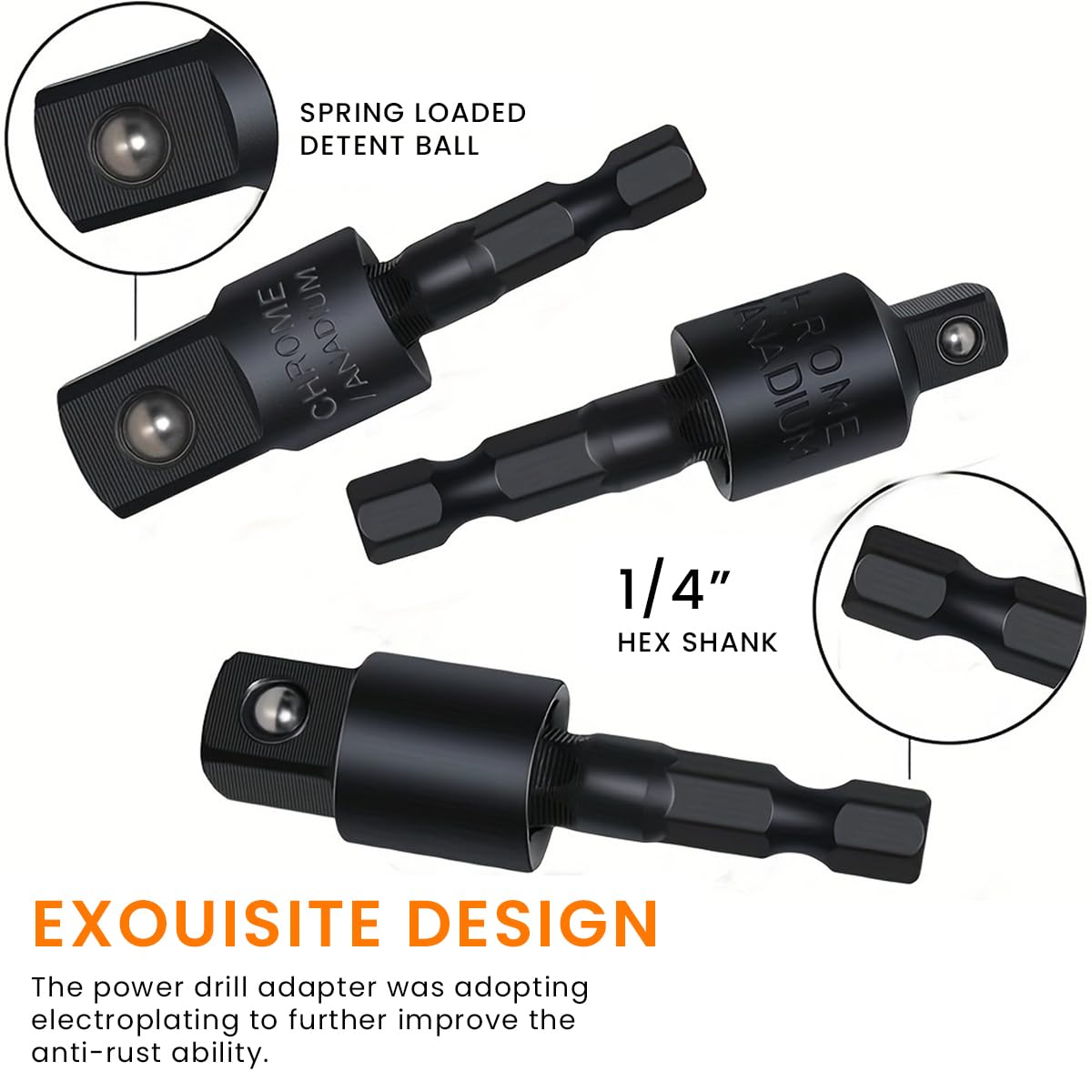 Serplex 3Pcs Flexible Socket Adapters for Power Drill 3 Sizes Universal Adapter Hex Handle to Square Head Socket Adapters 360 Degree Rotary Socket Converter Adapter Connect Rod Tool, 1/4