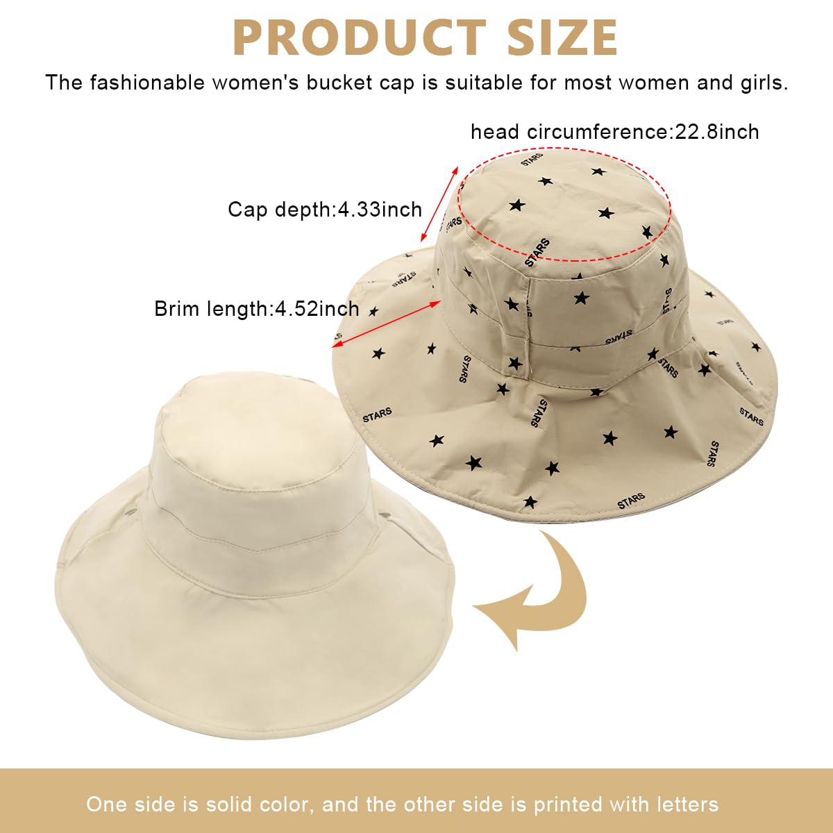 PALAY Bucket Hat for Women, Wide Brim Sun Hats for Women, Breathable Cotton Beach Hat Reversible Solid Color & Prints Cap for Daily, Travel, Camping, Fishing (Beige)