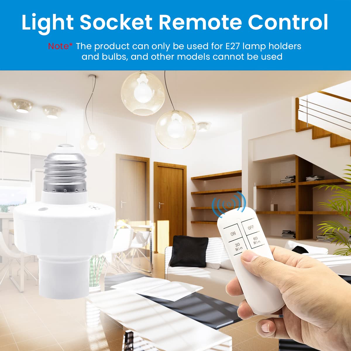 Serplex Remote Control Bulb Holder with Timer, E27 Smart Light Socket with 30mins/60mins Timing, Wireless Remote Control Light Socket, 100FT Range, Wireless Light Switch Kit for E27 Light Bulb