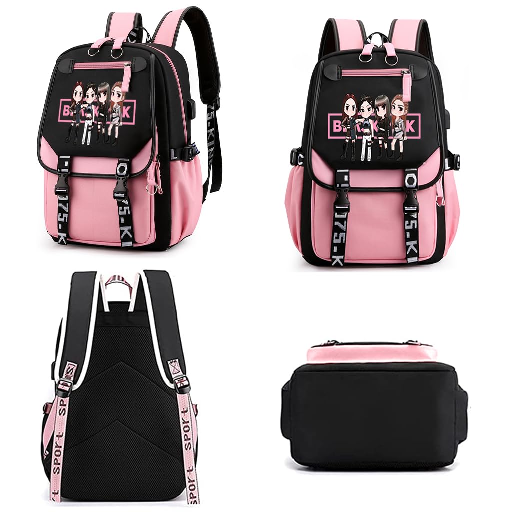 PALAY Black Pink Bag For Girls School Bag with USB Cable Jack Cute Backpacks Idol Print Design Laptop Backpack and Casual Backpack Student Accessories That can Hold 16.8 inches Books