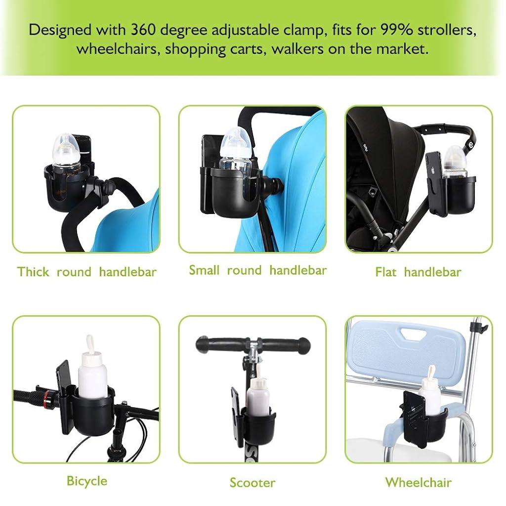 Proberos® Stroller Cup Holder with Phone Holder, 2-in-1 Cup Stroller for Bike Universal Strollers, Bike, Wheelchair, Walker, Scooter - Black