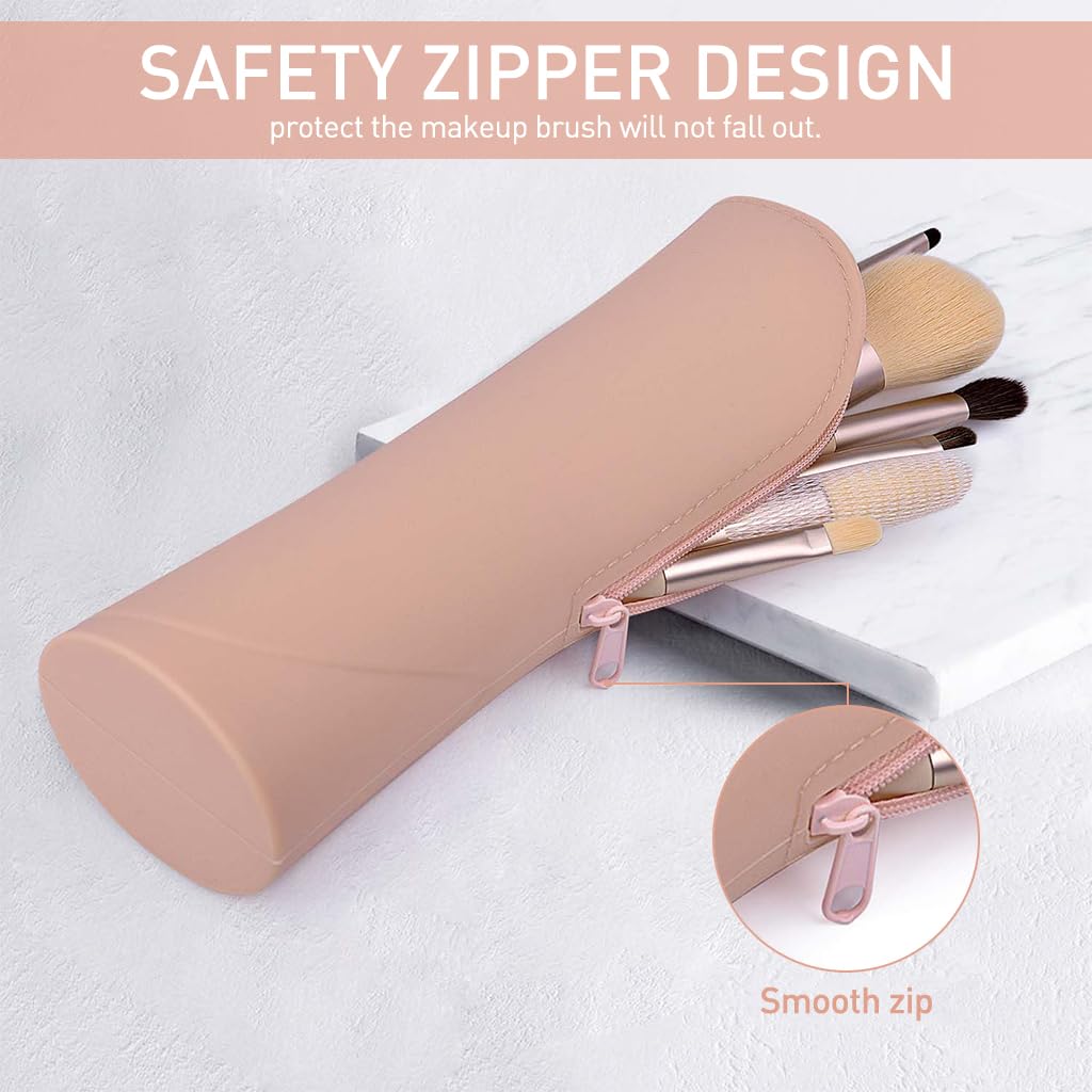 MAYCREATE Makeup Brush Holder Silicone Makeup Brush Organizer Travel Makeup Brush Zipper Pouch Stand-up Desk Make up Brush Case Small Cute Cosmetic Bag Mini Makeup Pouch, 6.3x20.3cm
