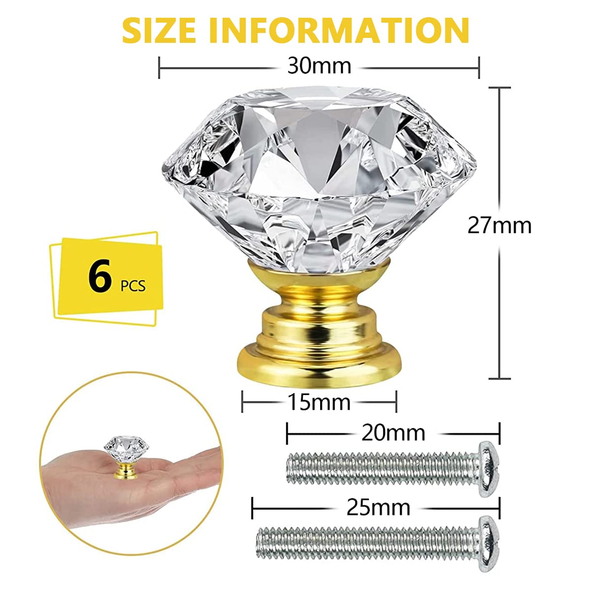 HASTHIP 6 Pack Round Cabinet Knob Pull Handle, Crystal Knobs with Screws Kit for Dresser Drawers Glass Cabinet Knobs Diamond Shaped Drawer Knobs