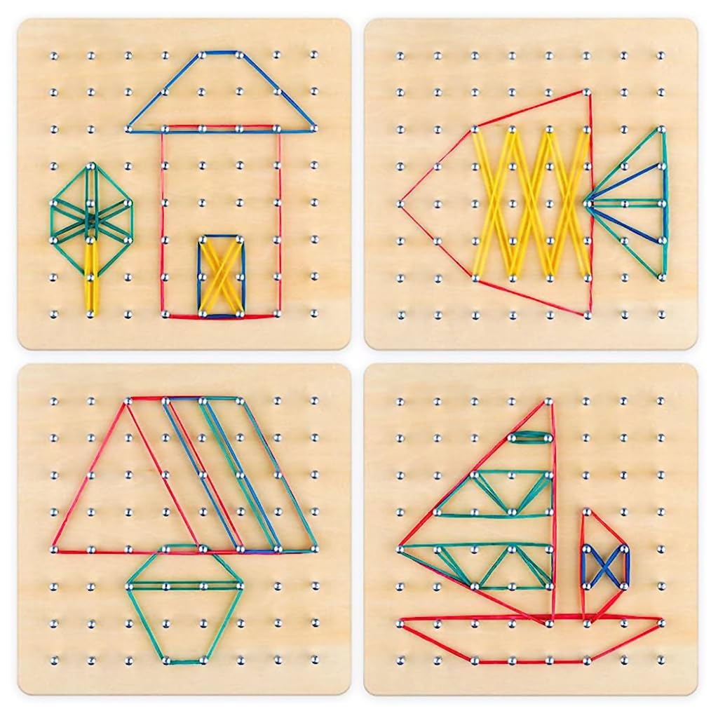 PATPAT Wooden Geoborad Wooden Toys for Kids Wooden Puzzles for Kids Montessori Toys, Portable Busy Board for Kids, Fine Motor Skill Toys for Kids, Wooden Game Board with Pattern Cards & Rubber Band