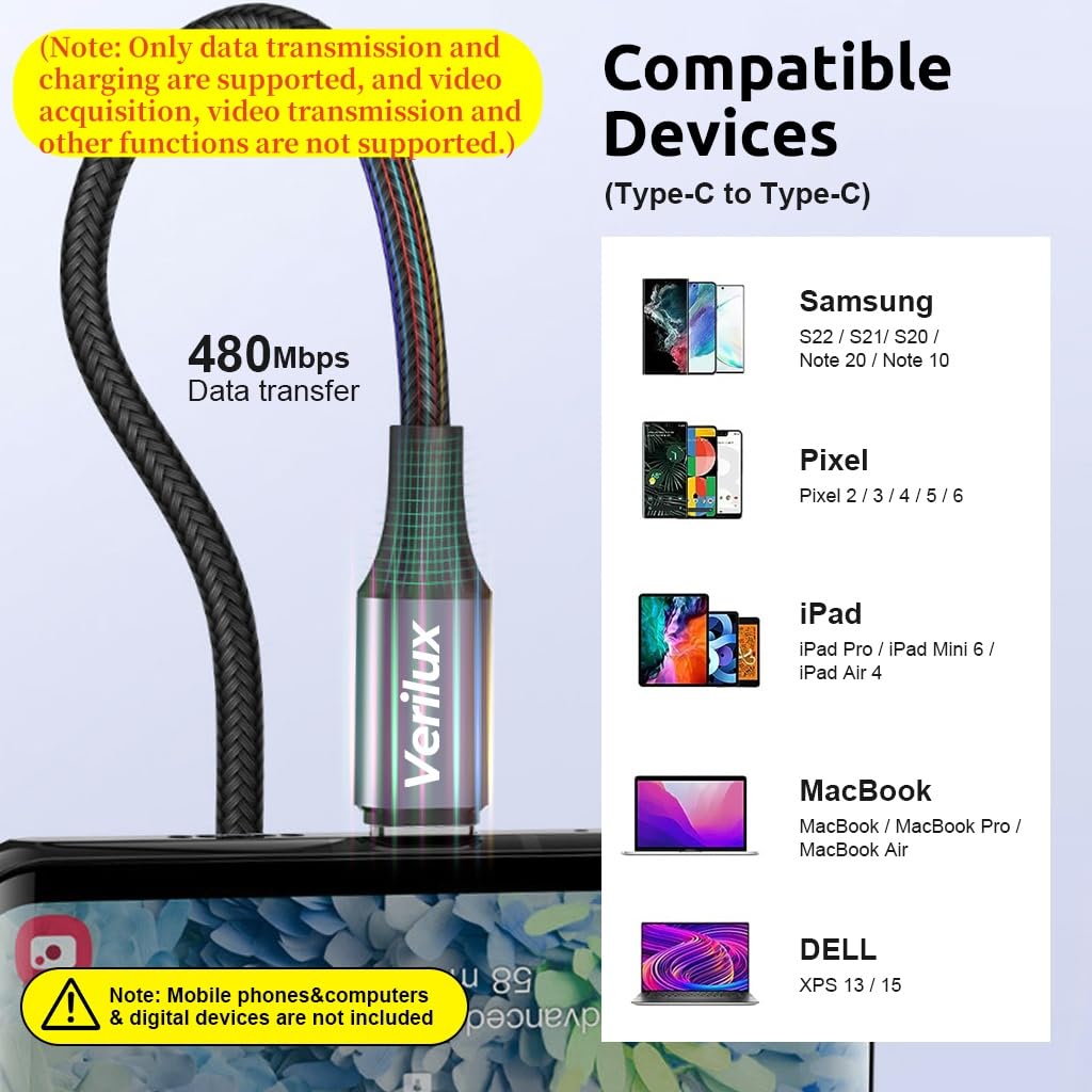 Verilux® 16.4Ft Type C to Type C Cable, PD 60W USB C Cable Fast Charging, 480Mbps Data Transfer Cable Nylon Braided USB C to C Cable for iPhone 16/15, Galaxy S24/S23, Laptop, Tablets & MacBook 3 PCS