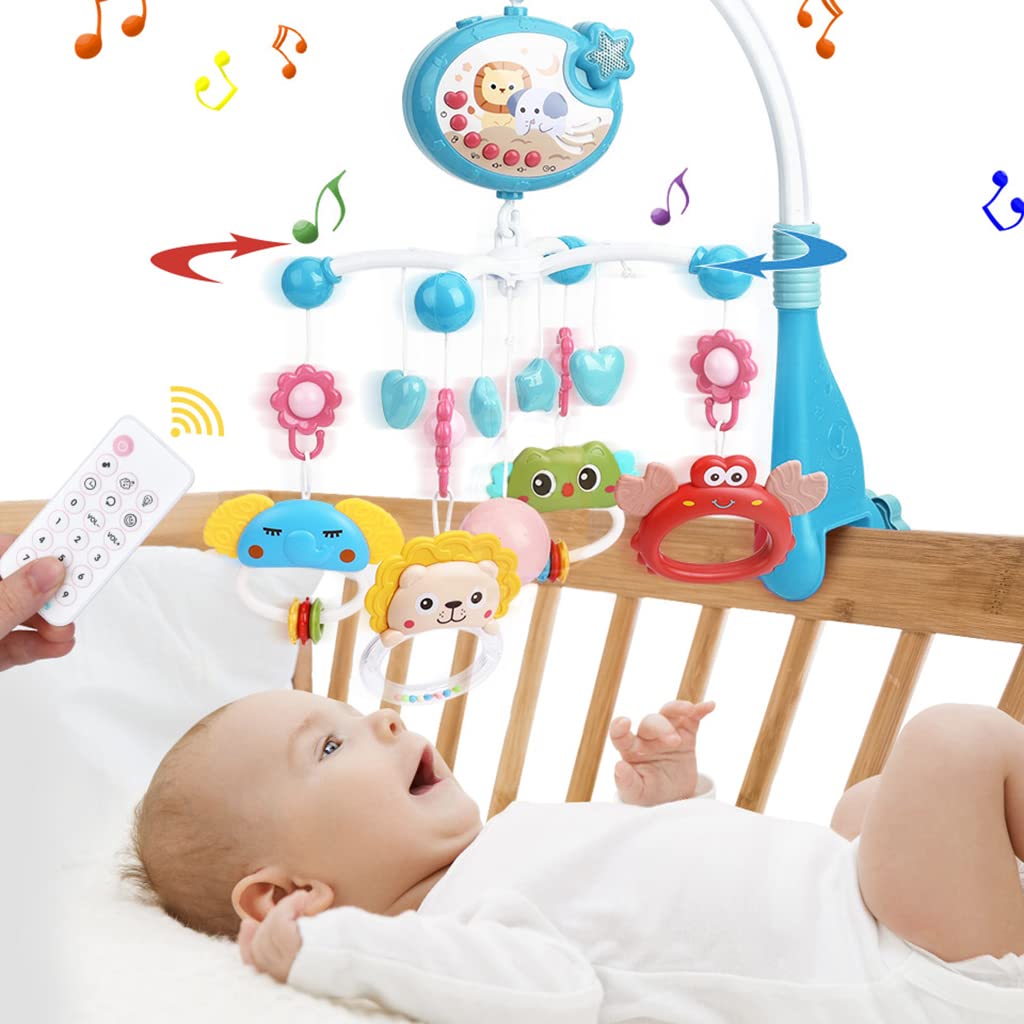 PATPAT Crib Hanging Toy for Babies,Electric Rotation Crib Soothe Toy Multifunctional Crib Hanging Toy with Lullabies, Timing,Cartoon Projection,Night Light,Crib Hanging Toy for Baby 3-6 Month (Blue)