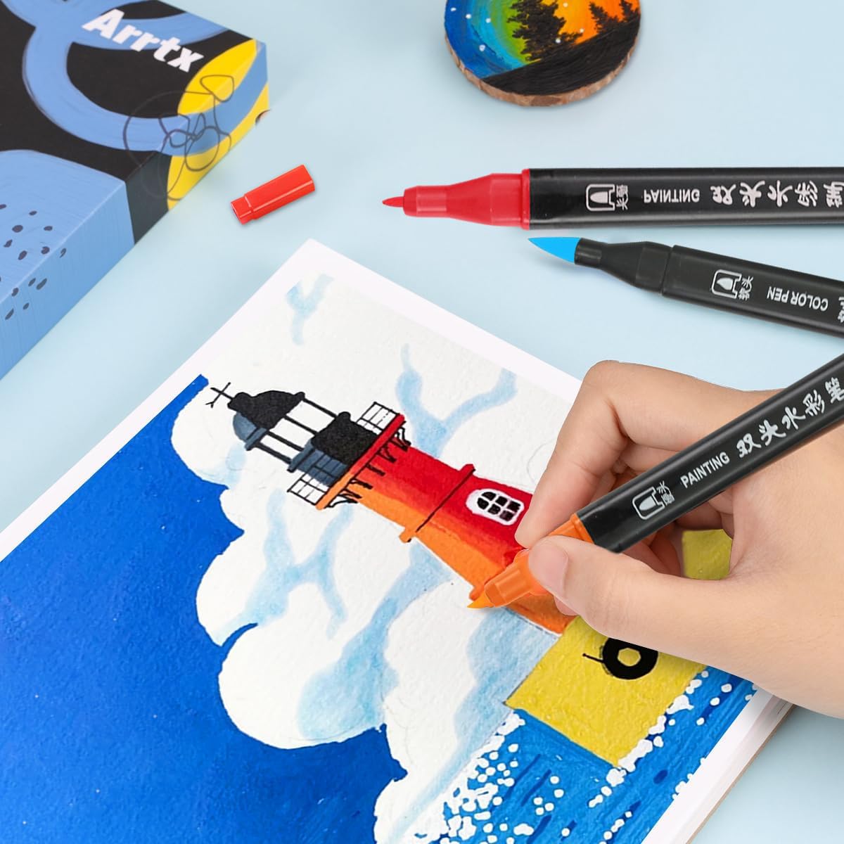 HASTHIP Dual Tip Markers for Kids, Washable Markers Set, Art Markers with Stand Portable Box