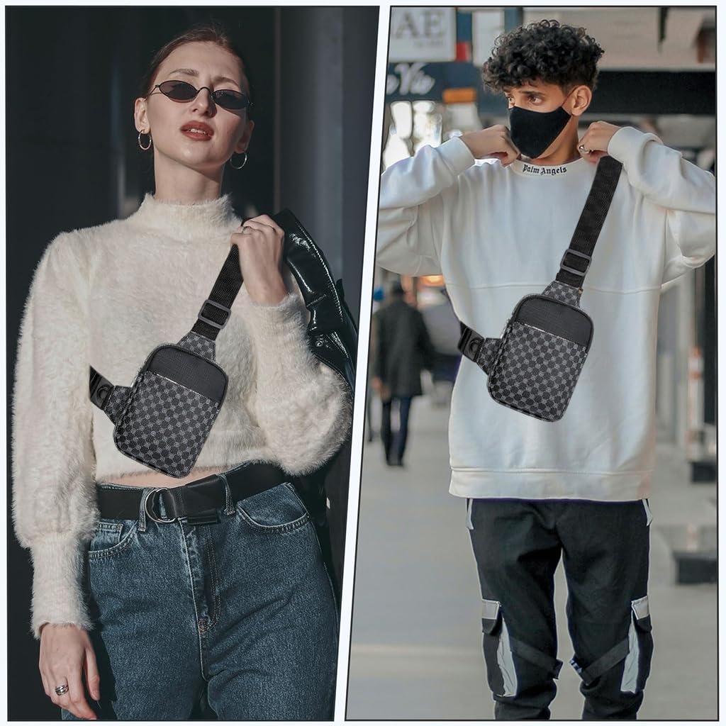 GUSTAVE Small Chest Bag Men's Phone Sling Bag Casual Crossbody Bag Double Layer Fashion Print PU Leather Chest Bag Shoulder Bag Crossbody Phone Bag Travel Phone Bag, 13x5x19cm