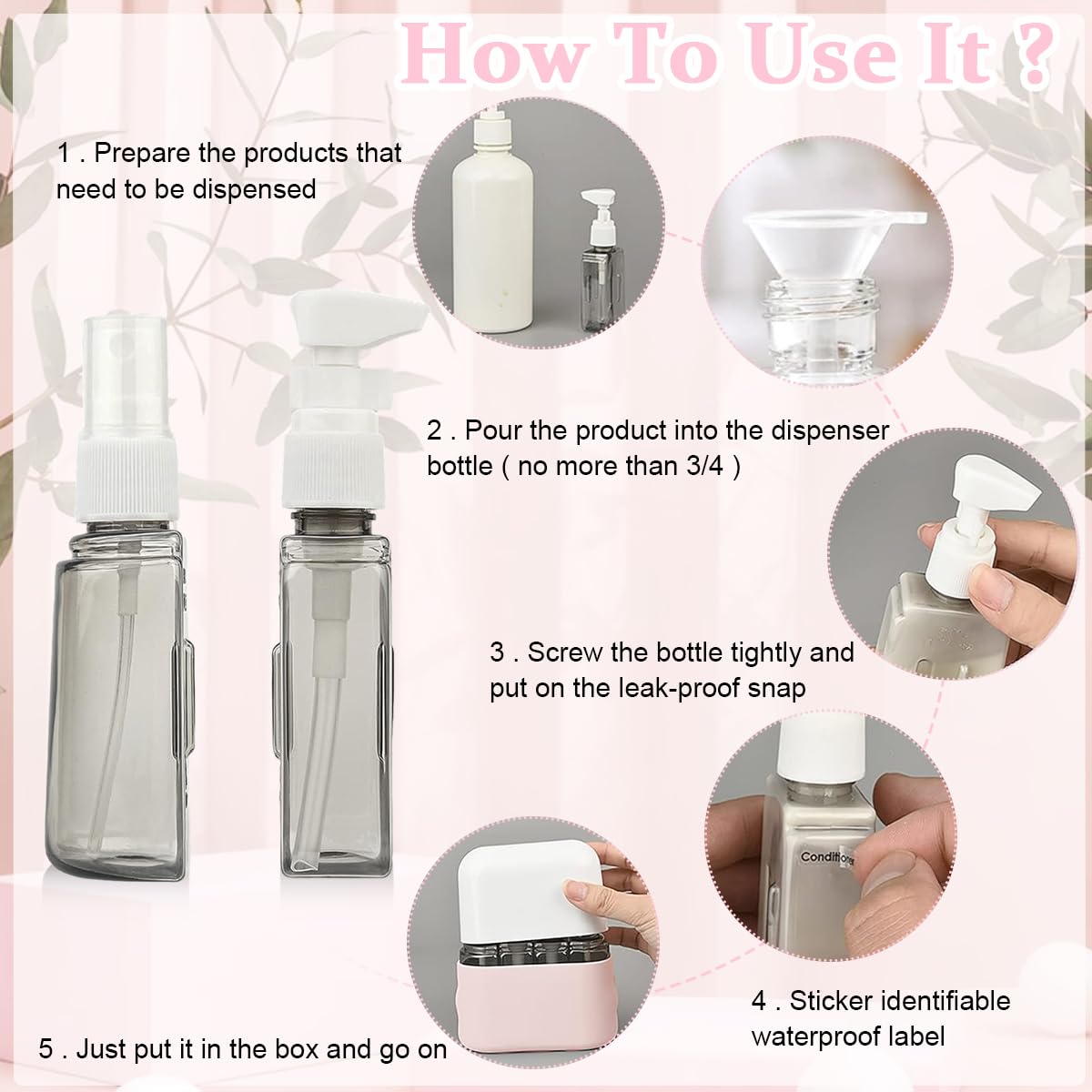 MAYCREATE Travel Bottles Leak Proof, 4 in 1 Travel Containers for Toiletries, Refillable Plastic Bottles with Lid, Travel Accessories Shampoo Conditioner Bottles, Pink
