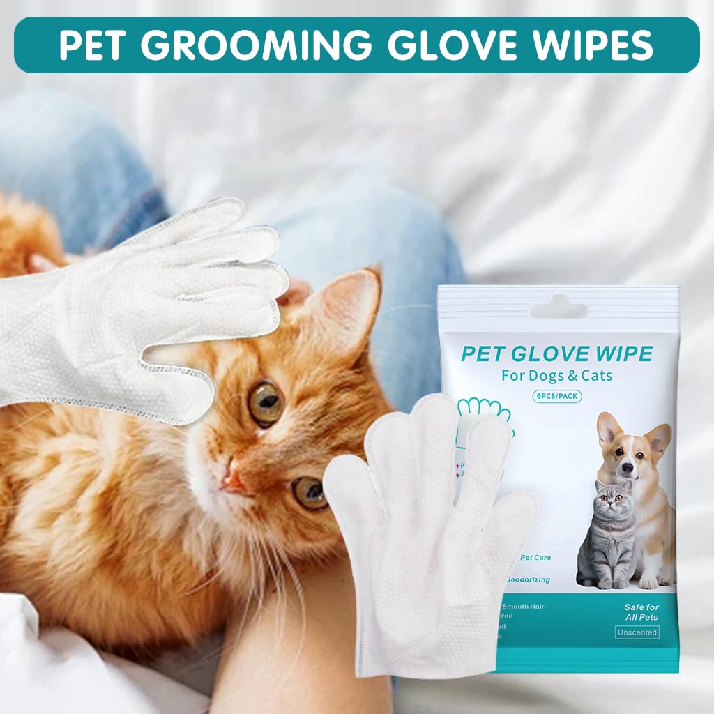 Qpets Pet Wipes Gloves, 6Pcs Pet Cleaning Gloves Disposable Dry Cleaning Tool, Cats and Dogs Grooming Wipes Gloves Skin Friendly for Wipe Claws, Ear, Feet, Butt