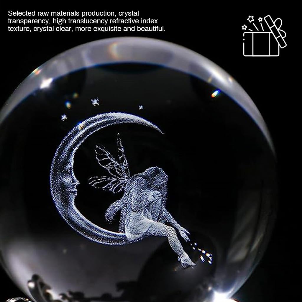 HASTHIP 8cm/3.15inch 3D Moon & Fairy Crystal Ball, Glass Sphere Laser Engraved Ball with Sliver-Plated Flowering Stand, Christmas Home Decor Desk Ornament Birthday Gift Festival Gift