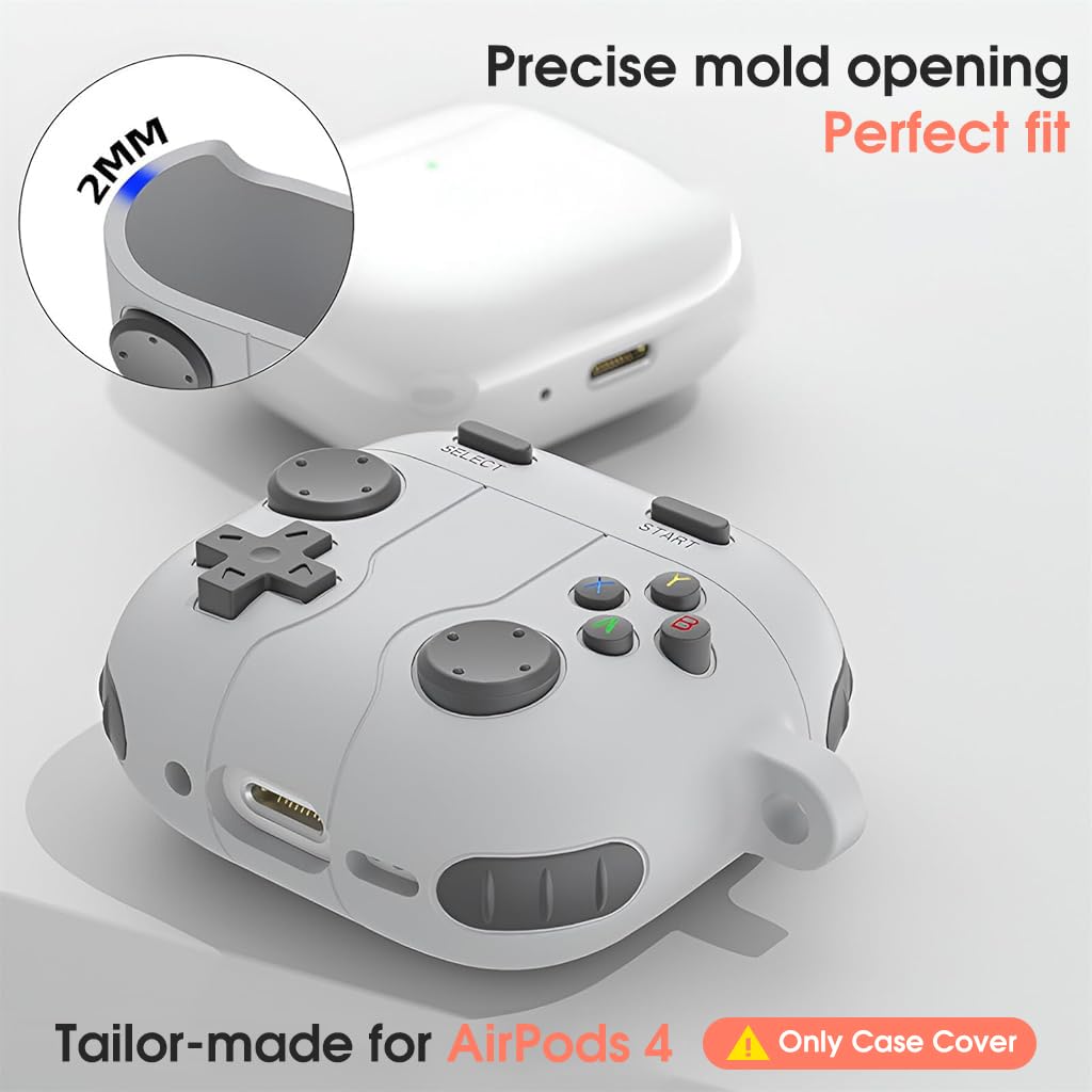 ZORBES Earbuds Case Cover for AirPods 4 Protective Anti-Scratch Silicone Skin Cover with Carabiner Fashion Retro Gaming Machine Earbuds Case Cover for AirPods 4, Grey
