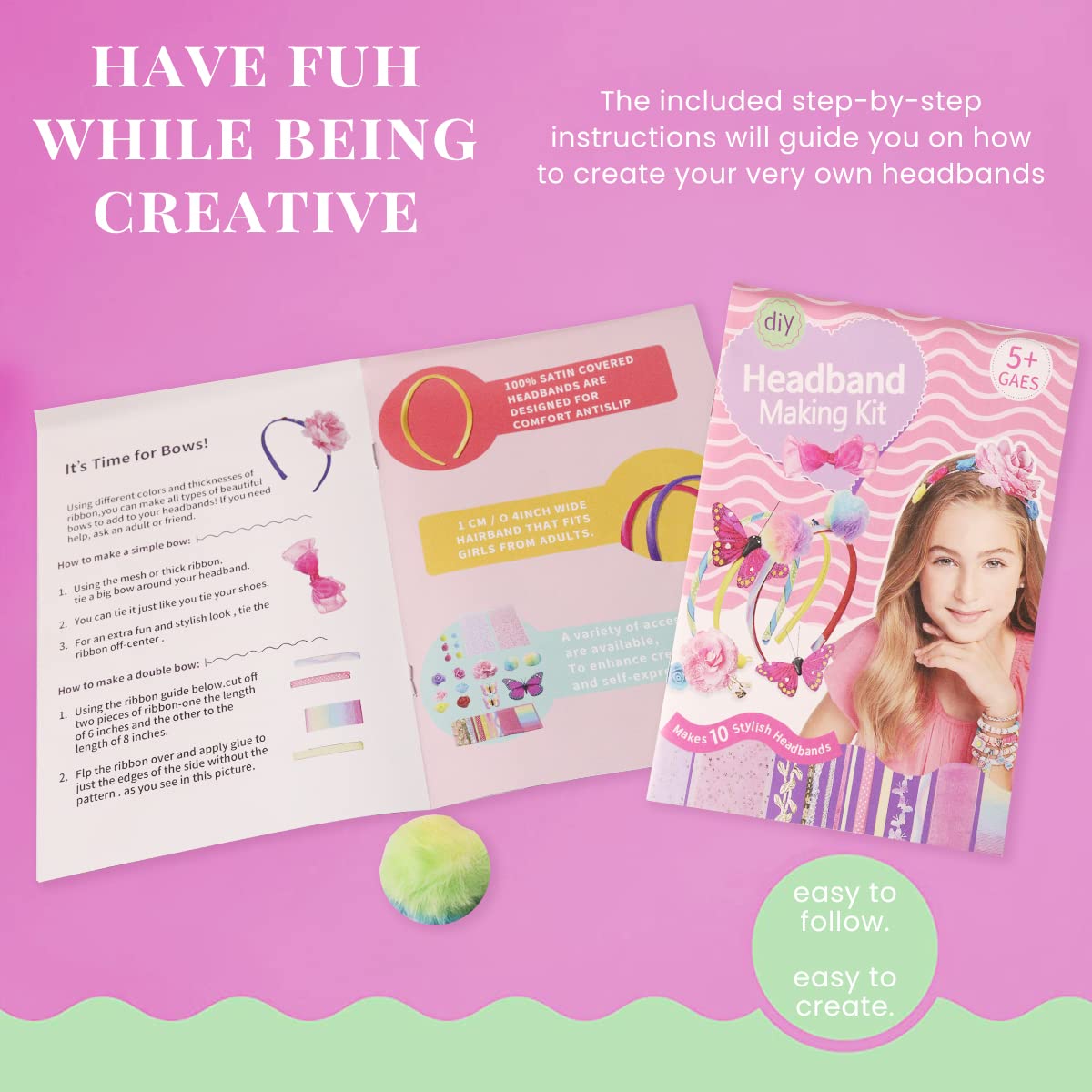 PATPAT DIY Headband Making Kit for Girls, Create Your Own Headbands, Includes 10 Headbands with Assorted Accessories and Charms, Fashion Fun Arts & Crafts Toy Gift for Girls Ages 5-12