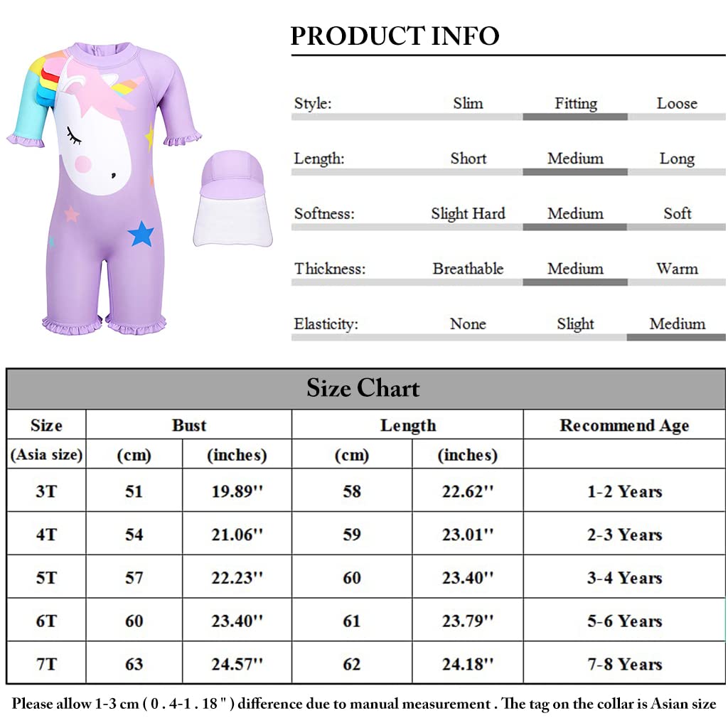 ZIBUYU Swimming Suit for Girl with Hat Cartoon Unicorn Print Zipper Swimsuit Pool Summer Beach for Kids Girls of 125-135cm - 1pc Purple