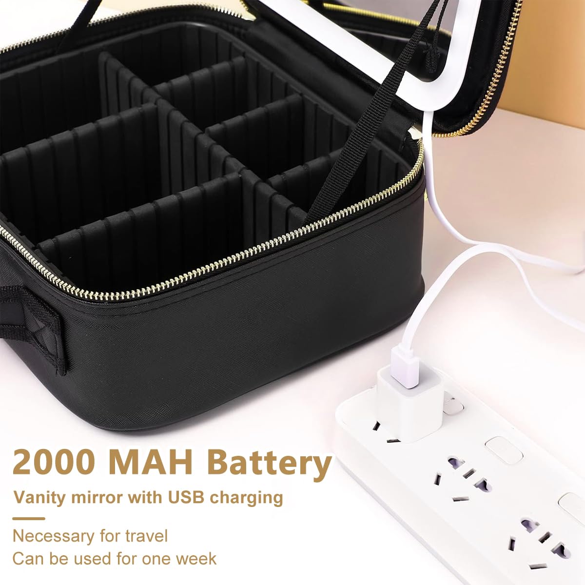 MAYCREATE Travel Makeup Organizer Pouch with 4K Vanity Mirror & LED Fill Light(3 Modes, Stepless Dimming), Cosmetic Brushes Storage Bag Case- Adjustable Dividers, Waterproof