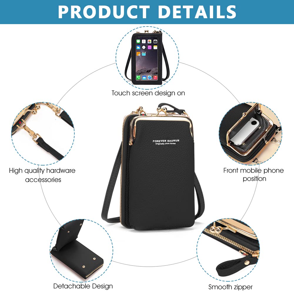 PALAY Sling Bag for Women Phone Bags with Back Touch Screen Mobile Sling Bag Pursel Stylish PU Leather Crossbody Bags Mini Shoulder Bags (Black)