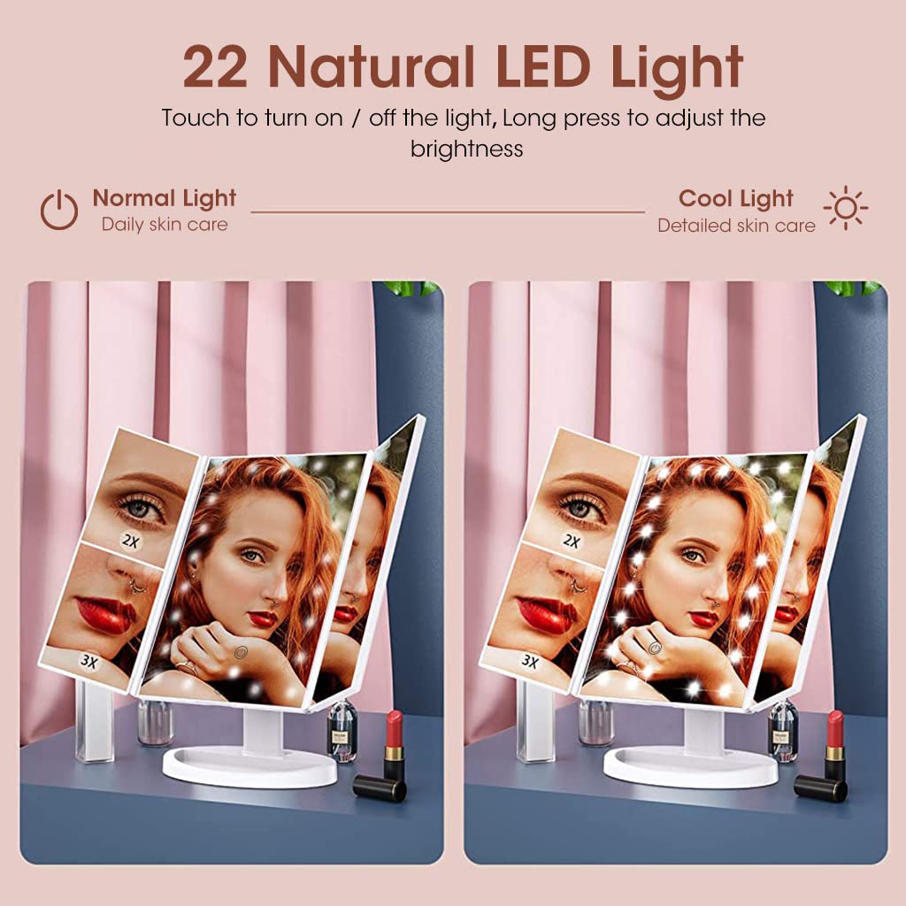 MAYCREATE LED Makeup Mirror 3-Sided Vanity Mirror Fold-up Makeup Mirror with 1X 2X 3X 10X Magnifying, Touch Button Control, USB/Battery Powered LED Makeup Mirror