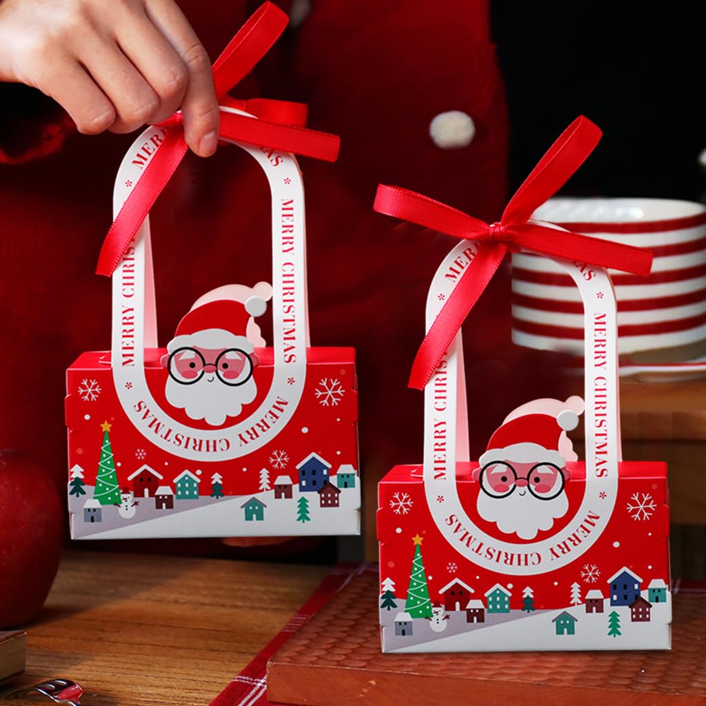 HASTHIP 10Pcs Christmas Gift Packing Box with Ribbon Cute Santa Claus Christmas Gift Boxes Candy Gift Package Box DIY Christmas Gift Packing Paper Box with Handles X'mas Gift Box