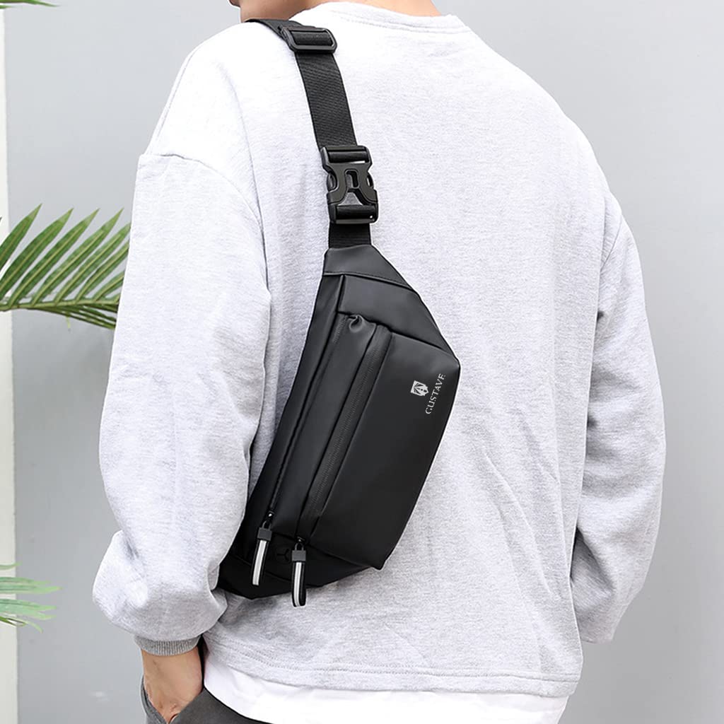 GUSTAVE Waist Bag for Men Women with Adjustable Strap and Headphone Jack, Large Waterproof Chest Bag Fanny Pack for Hiking Travel Camping Running Sports Outdoors with 4-Zipper Pockets