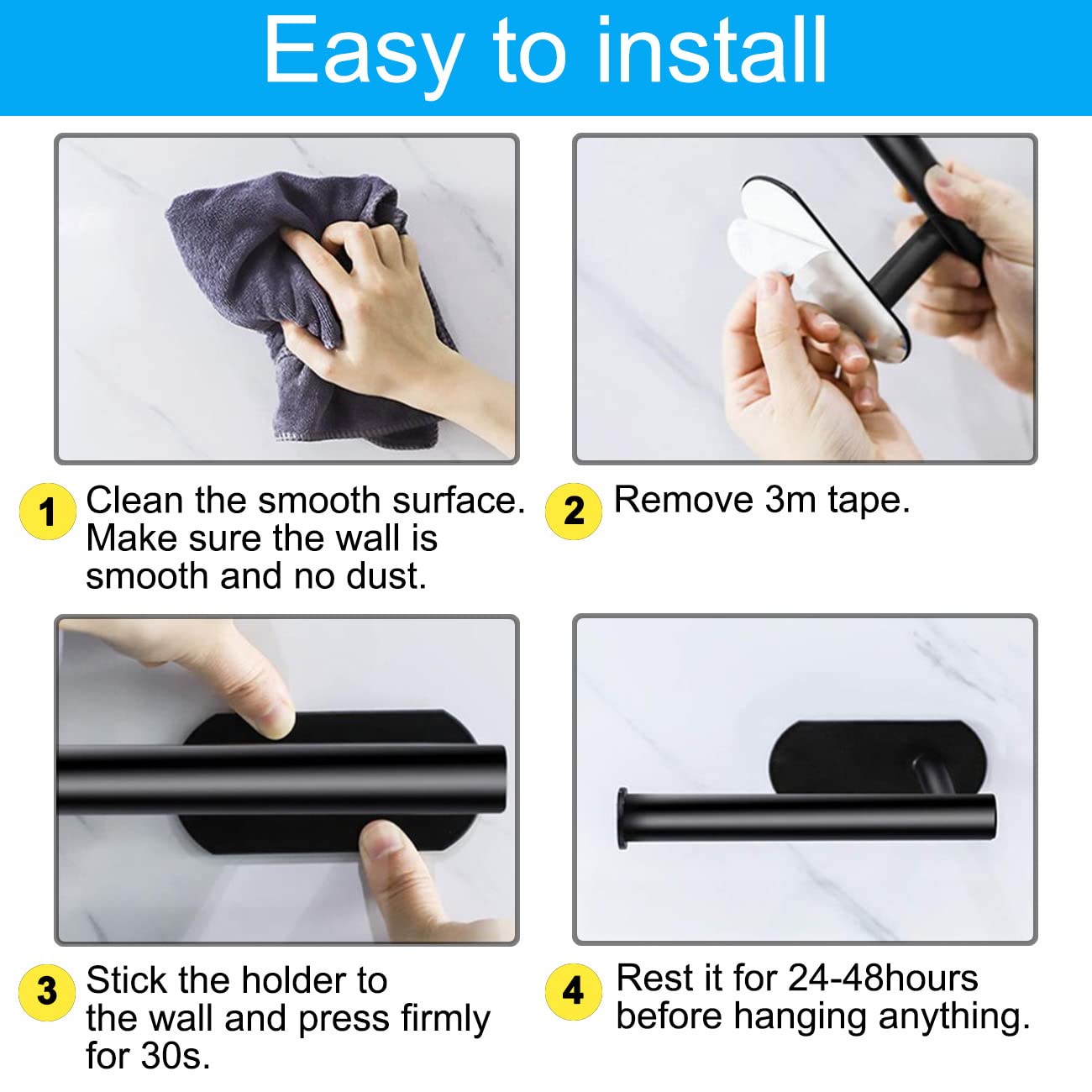 HASTHIP Tissue Paper Holder Self-Adhesive, Premium Thicken SUS304 Stainless Steel Rustproof Adhesive Toilet Roll Holder no Drilling for Bathroom, Kitchen, Washroom (1 Pack, Matte Black)