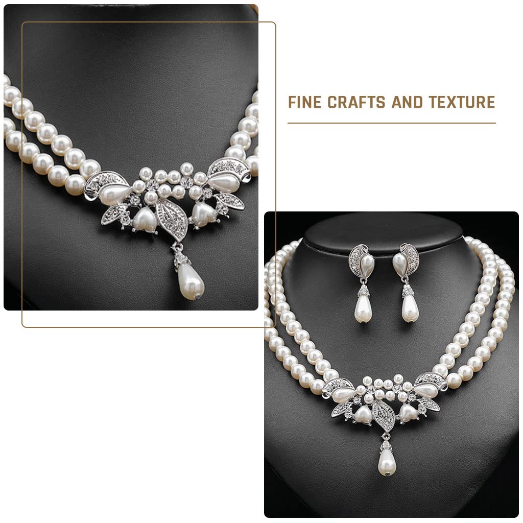 SANNIDHI Pearl Necklace Earrings Double Layer Faux Pearl Necklace Eardrop Set for Women Girls, Lady Pearl Pendent Necklace, Elegant Bridal Jewelry Set, Pearl Necklace Earrings Set for Banquet, Party