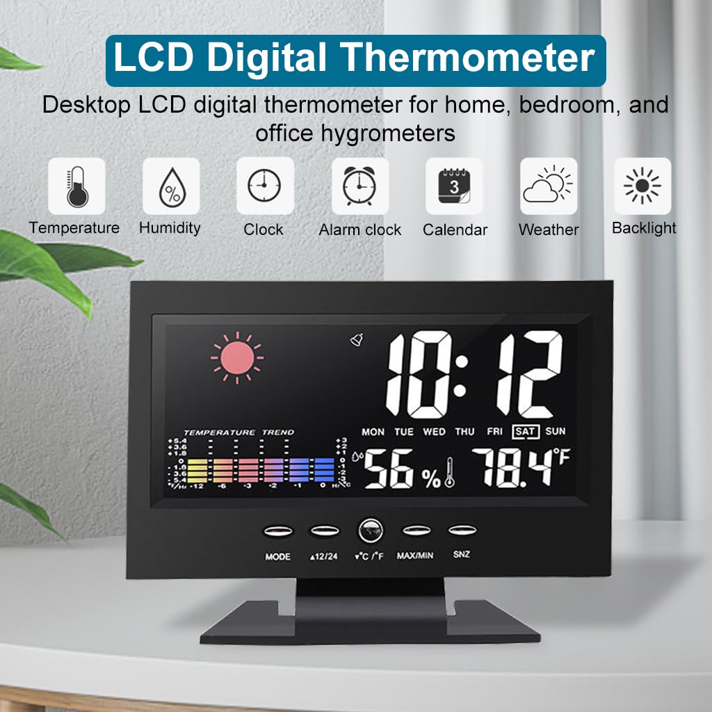 HASTHIP LCD Digital Thermometer Hygrometer Multifunctional Digital Thermometer Hygrometer with Alarm Clock, Weather Station USB Desk LCD Digital Thermometer Hygrometer for Home, Bedroom, Office