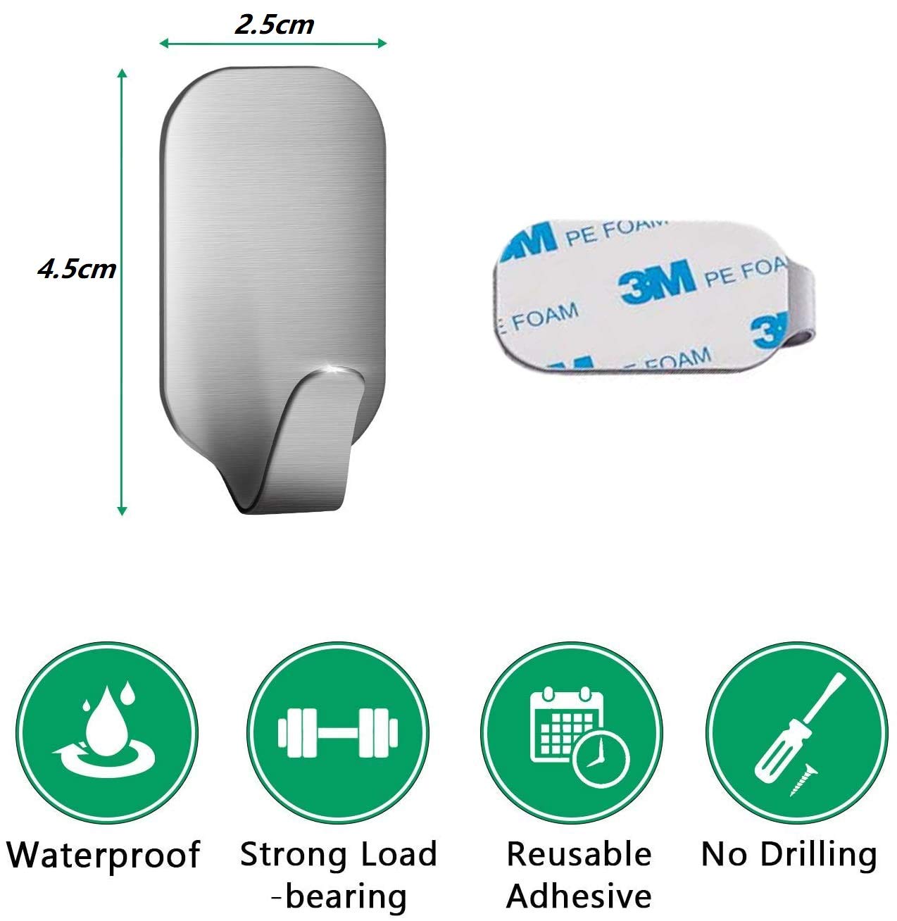 HASTHIP 8 Pack Stainless Steel Adhesive Wall Hanger Self Adhesive Hooks Waterproof Heavy Duty Sticky Wall Hooks for Hanging Bathroom Kitchen Robe Coat Towel Kitchen Utensils (Narrow Hook)