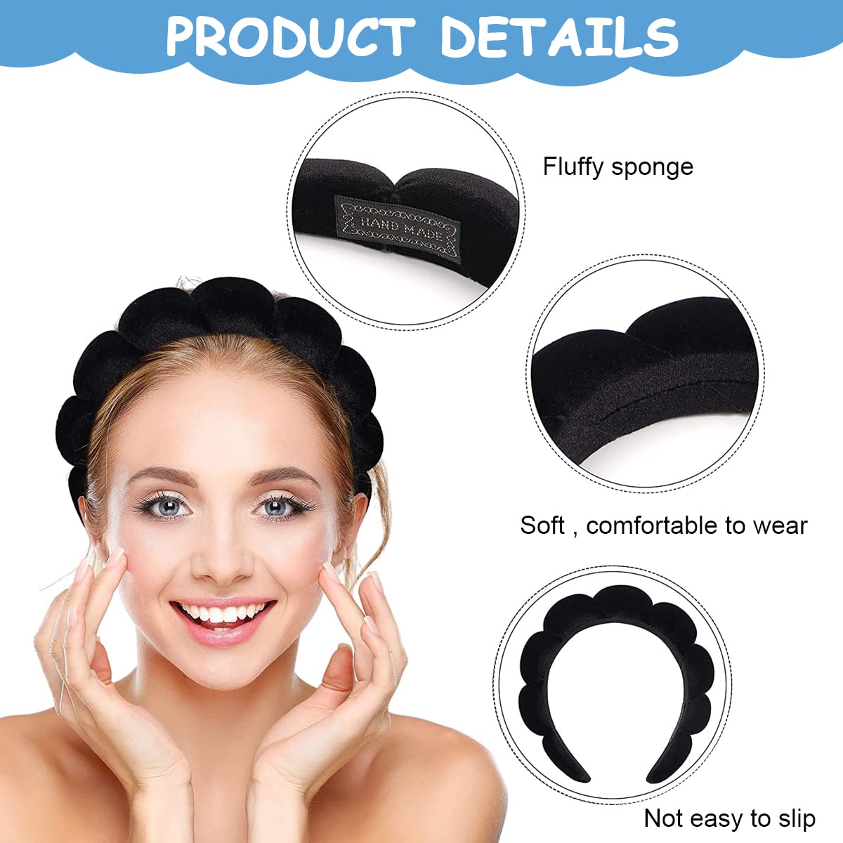MAYCREATE Facial Spa Headband for Women Girls, Soft Sponge Headband for Face Washing, Shower, Makeup Headband Fashion Clouds Hairband Non Slip Hair Hoop Headwear, Black