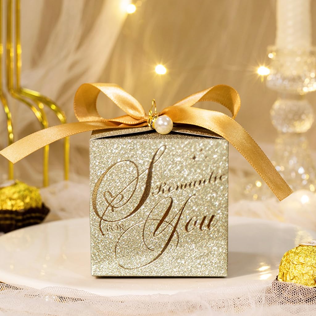 HASTHIP 10PCS Small Gift Boxes, Wedding Gift Box, Gold Candy Gift Box Paper Box with Ribbon & Pearl Pin for Wedding, Birthday, Christmas Decoration Party Favor
