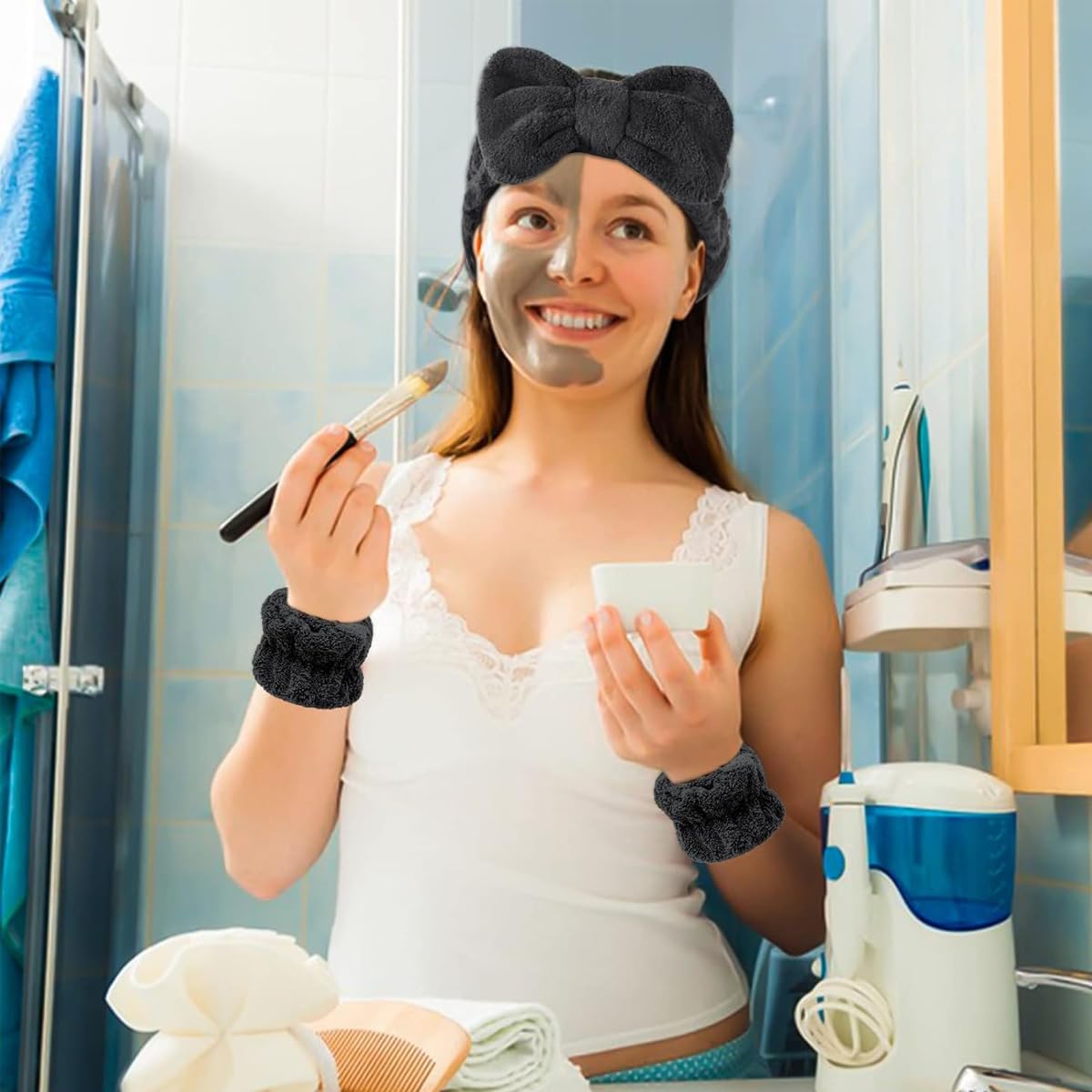 MAYCREATE Facial Headband for Women Skincare Spa Headband & Wrist Bands 3pcs Combo, Large Bow Face Wash Band Hairband, Flannel Hair Band for Makeup Sweat Wristband for Yoga, Fitness - Black