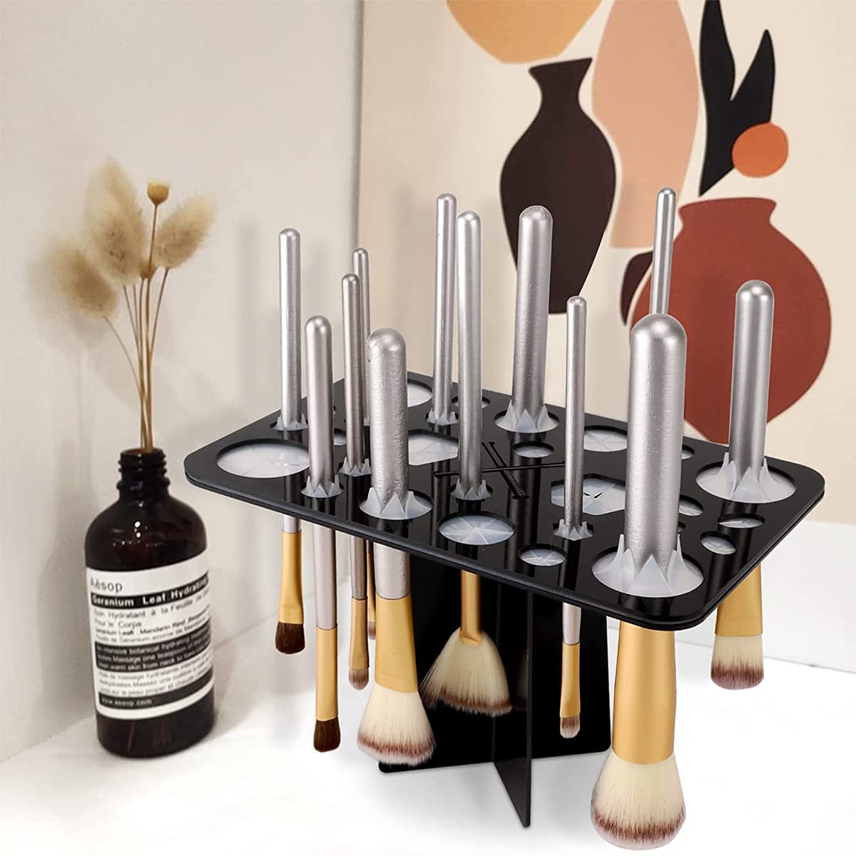 MAYCREATE Makeup Brush Holder Organizer 360° Rotatable Makeup Brushes Set Drying Rack Brushes Dryer with 28 Slots, Desktop Brush Stand Support Display for Makeup Lovers Artist Paintbrushes - Black