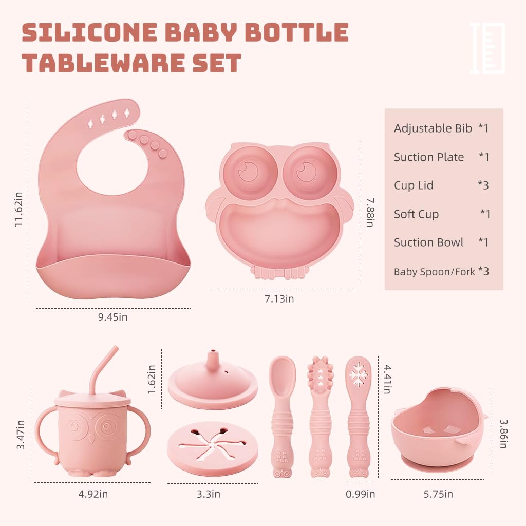 SNOWIE SOFT Baby Feeding Set of 10Pcs Food Grade Toddlers Silicone Food Plate Sipping Cup Bowl Set with Silicone Bib, Baby Cutleries, Self-Feeding Tableware Set for Toddlers, Sterilizable, Pink