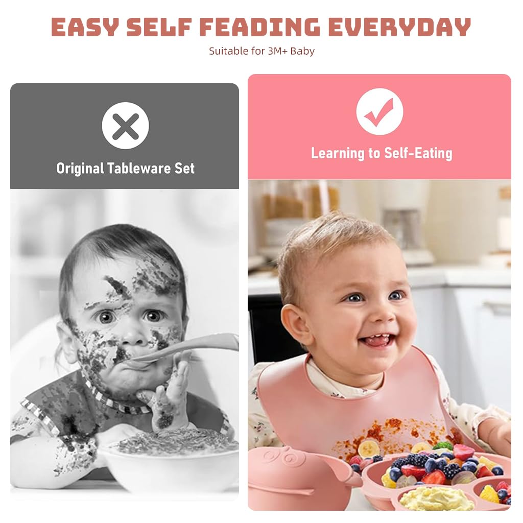 SNOWIE SOFT Baby Feeding Set of 10Pcs Food Grade Toddlers Silicone Food Plate Sipping Cup Bowl Set with Silicone Bib, Baby Cutleries, Self-Feeding Tableware Set for Toddlers, Sterilizable, Pink