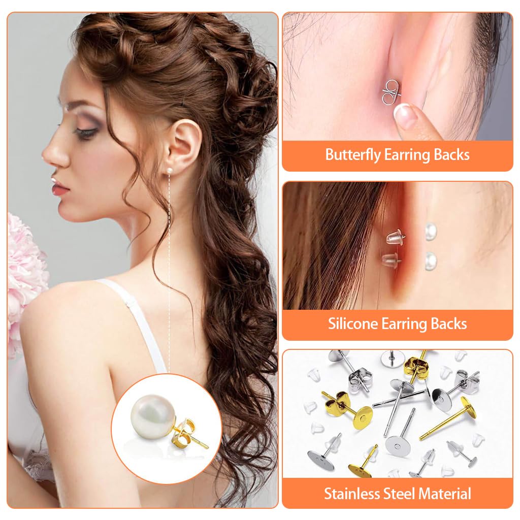 MAYCREATE 2000 Pieces DIY Earring Posts and Backs Golden and Silver Earring Posts and Backs Kit with 3 Sizes Stainless Steel Round Ear Stud Backs, Rubber Ear Stud Stoppers, Butterfly Earring Backs