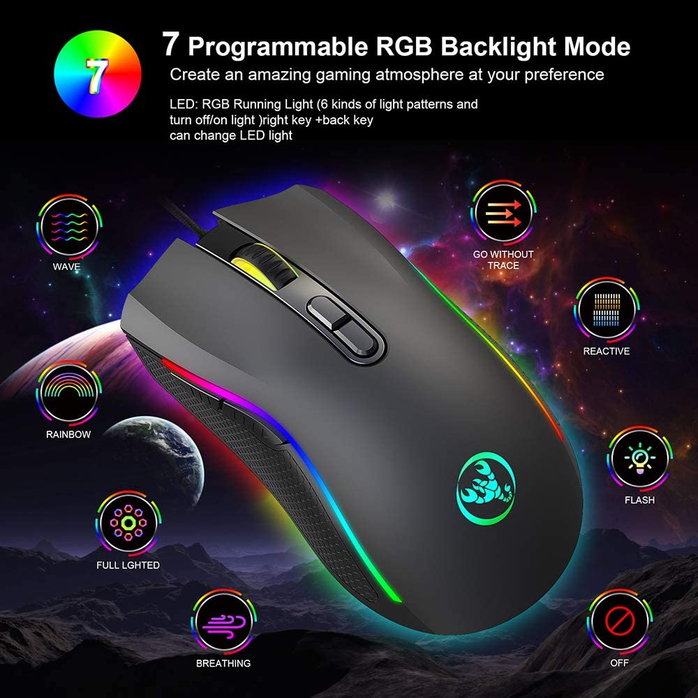 Verilux Wired Gaming Mouse Ergonomic Gaming Mouse with 7 Programmable Keys,6 Adjustable DPI,LED Backlit USB Plug and PlayFor Laptop, PC, Windows, Mac
