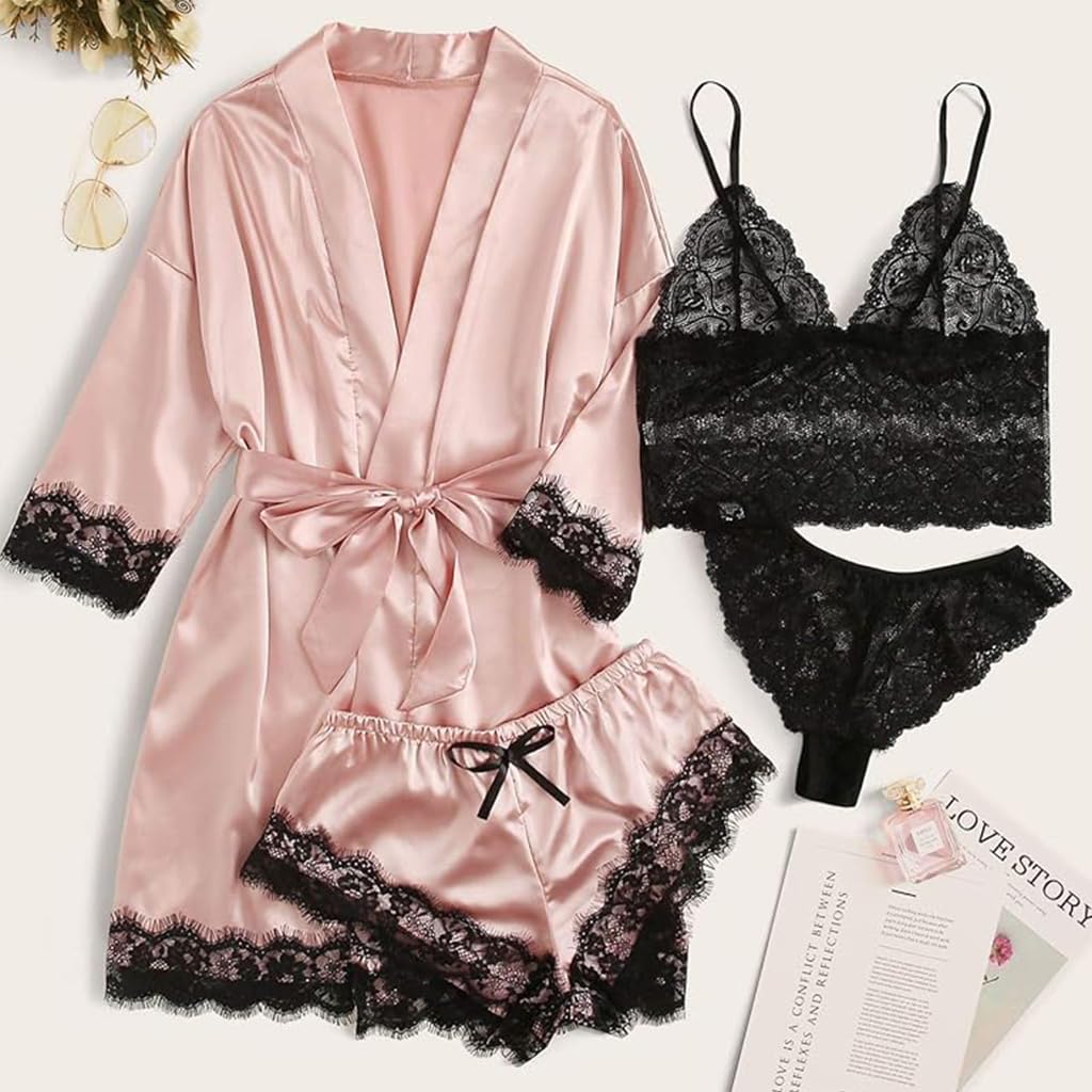 PALAY Women Lingerie Underwear Suit Set of 4Pcs Silk Lace Women Longsleeve Robe Black Lace Bra Thong Set, M