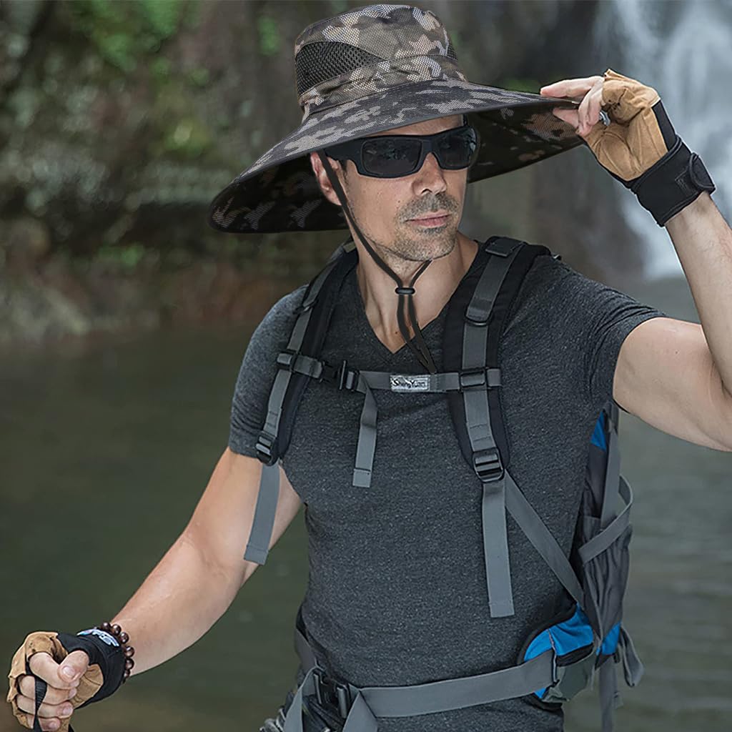 GUSTAVE Hat for Men, UPF50+ Extra Wide Brim Bucket Hat - Breathable & Adjustable Sun Hat with Flip-Up Design, for Men & Women - Ideal for Fishing, Hiking & Beach Trips, Camouflage