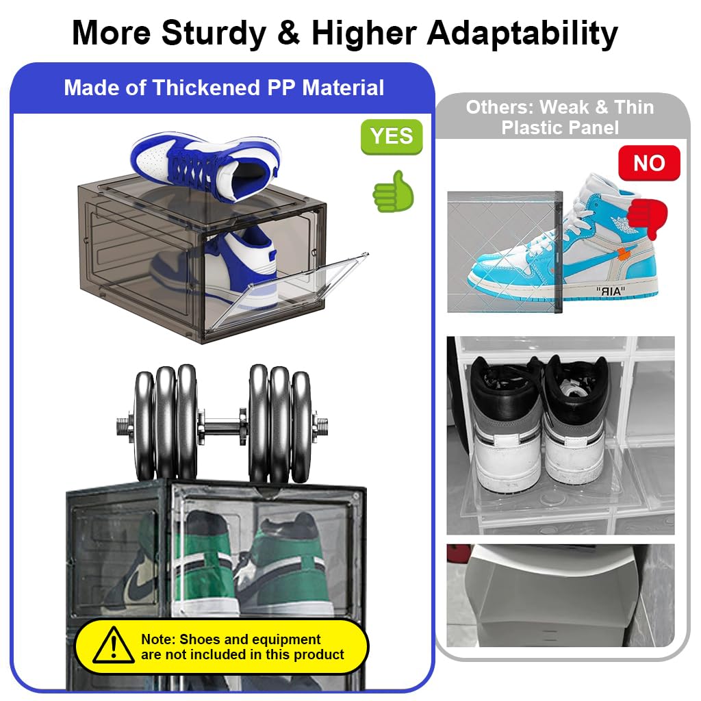 HANNEA 4 Packs Shoe Box Plastic Shoe Storage Separate Shoe Box with Magnet Door Stackable Shoe Organizer Universal Size Sneaker Shoe Box for Men Shoes Box for Women, 27x34x19cm