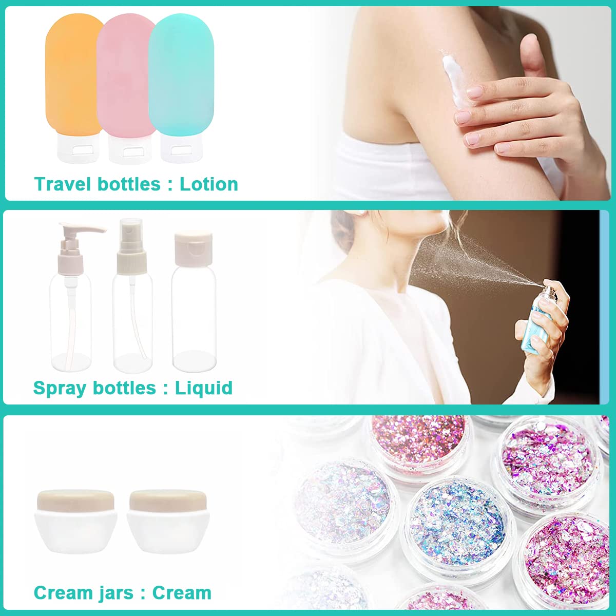 MAYCREATE Travel Bottles for Toiletries, 11pcs Set Leak Proof Squeeze Bottle for Travel, Spray Bottles & Cream Jars Kit, Refillable Containers Dispenser Bottle for Shampoo Lotion Conditioner