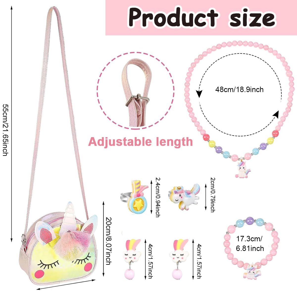 SANNIDHI Unicorn Bag with Jewelry Set for Girls, Unicorn Princess Plush Crossbody Purse Beads Necklace Bracelet Earrings Rings Set, Kids Jewellery Party Dress up Gift