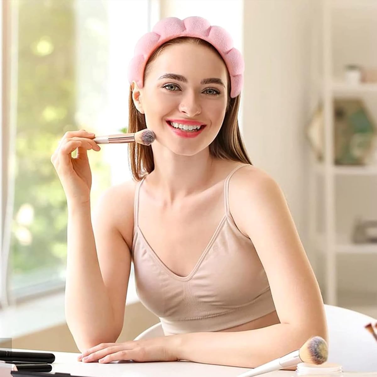 MAYCREATE Spa Facial Headband for Women Washing Face, Puffy Skincare Headbands for Women Girls, Upgrade Anti-slip Terry Cloth Hair Band for Makeup - Pink