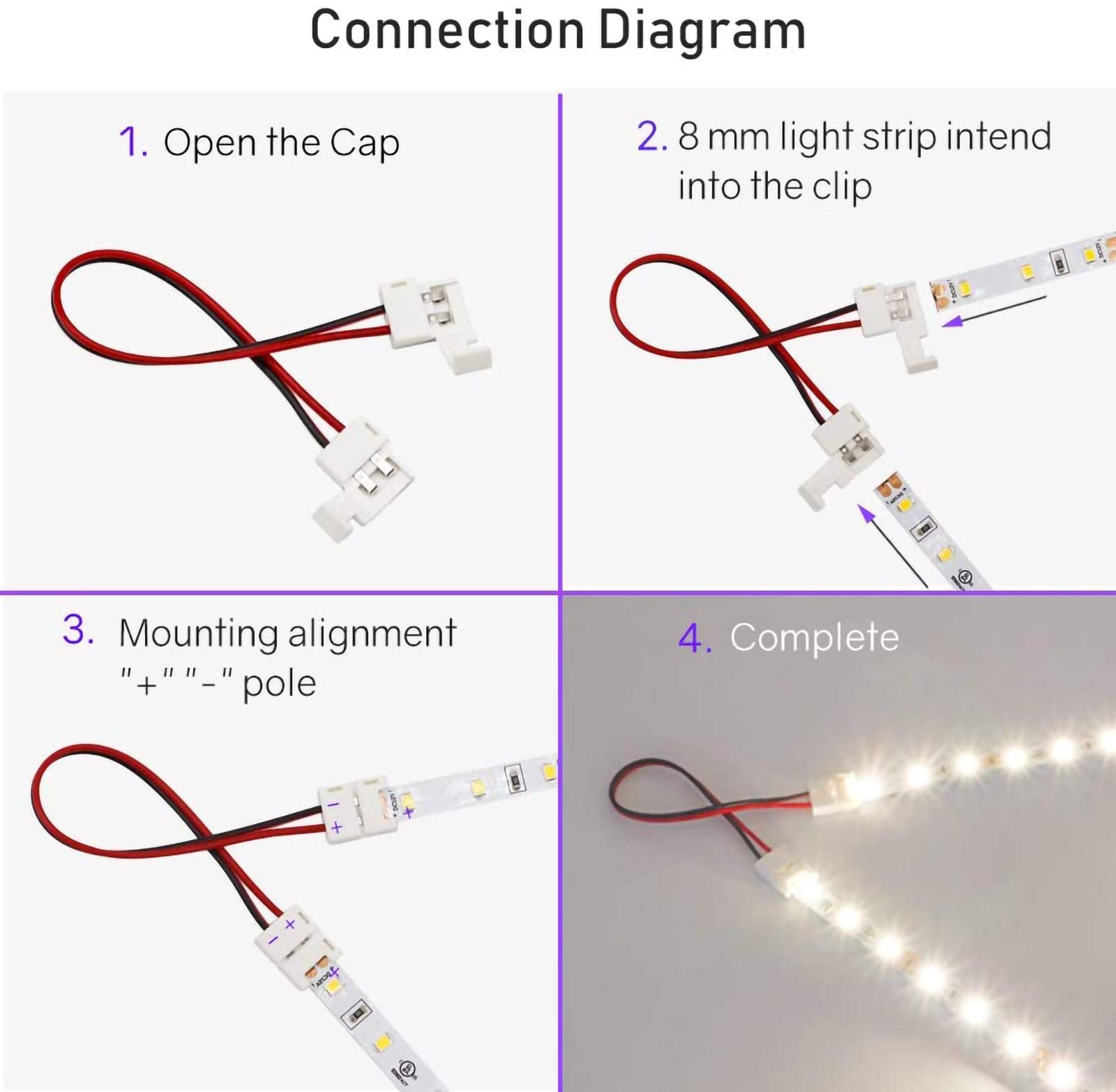 ZORBES LED Strip Connector,2 Pin 8mm LED Connector Kit Include Seamless Connector,6Jumper Connector,DC Female & Male Connector,DC Jack Splitter for 3528 and 5050 LED Strip