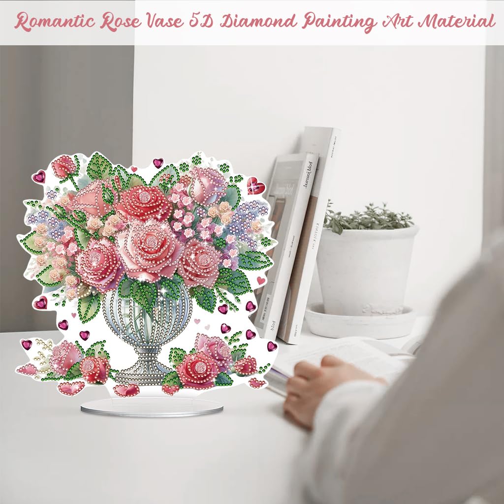 HASTHIP DIY Diamond Desktop Ornament Special Shaped Crystal Rose Bouquet Diamond Art Painting Acrylic Tabletop Ornaments Single Sided Diamond Home Decor, Gift DIY 5D Diamond Painting Art Kit