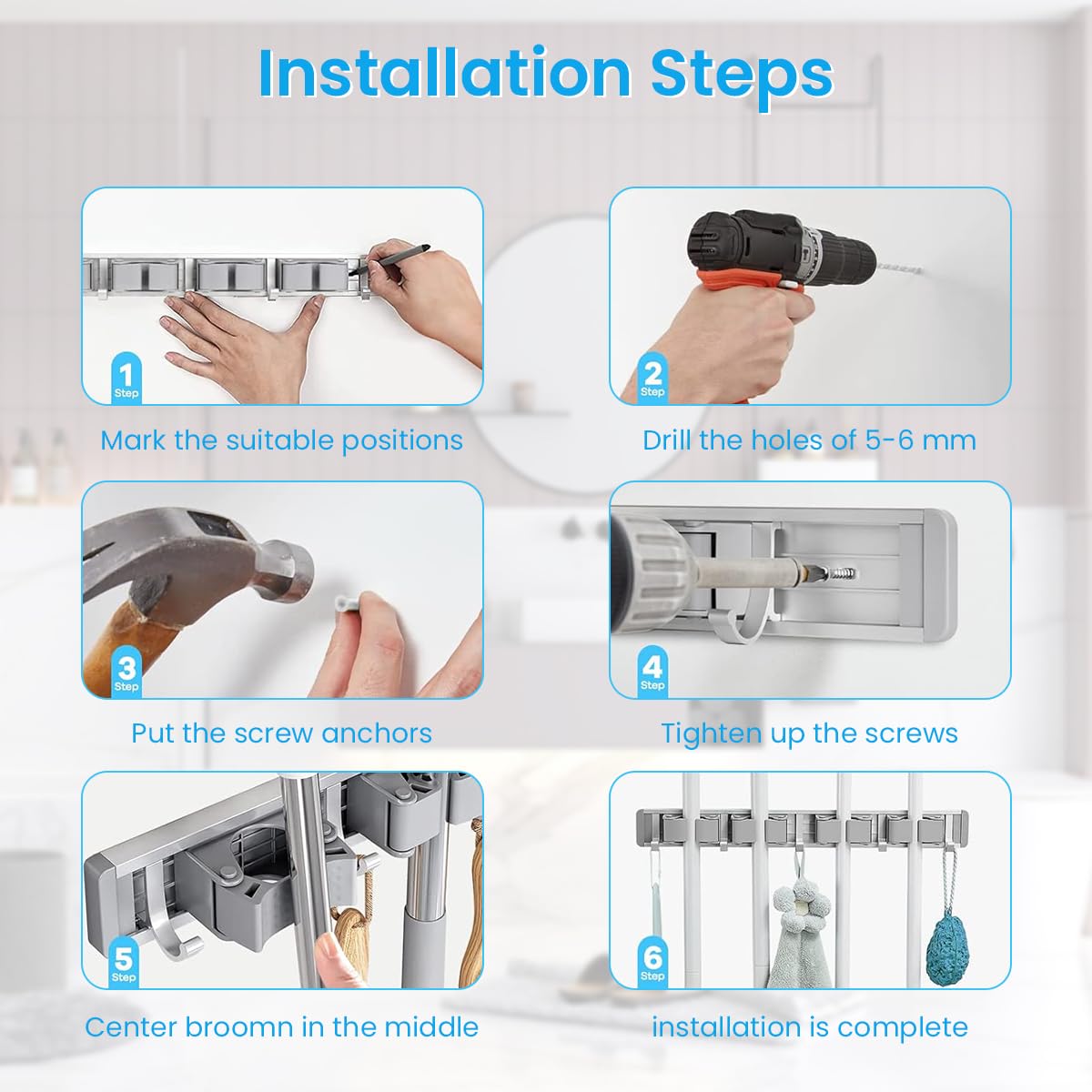HASTHIP Wall Mounting Mop Broom Holder 4 Slots & 5 Hooks Space Aluminum Broom Organizer Nail-Free Installation Mop Holder for Home, Office, Storage Rooms, Bathroom, Cleaning Room