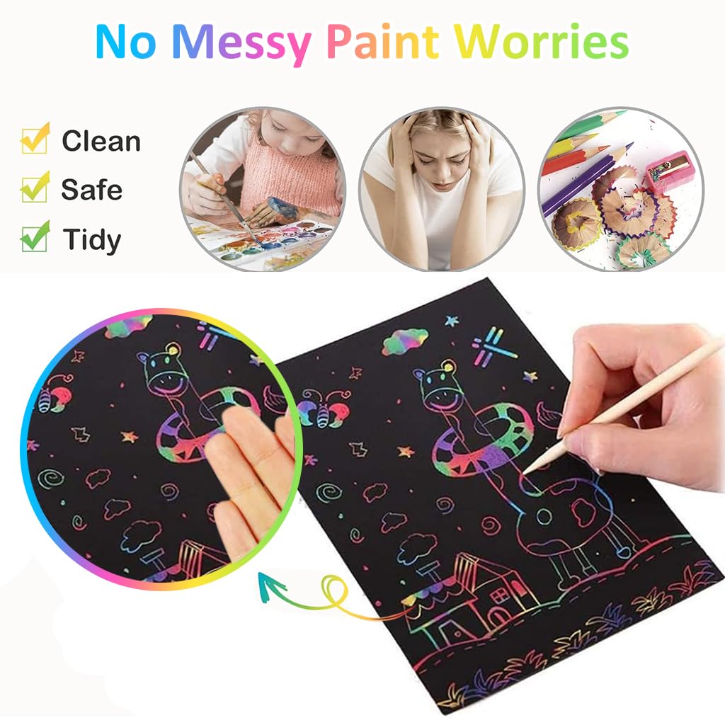 PATPAT DIY Art Paint Scratch-off Rainbow Art Paper Painting Kit Kids DIY Art Painting Kit No Paints Art Scratching Magic Paper DIY Rainbow Scratching Paper with Templates & Scratching Wood Stick