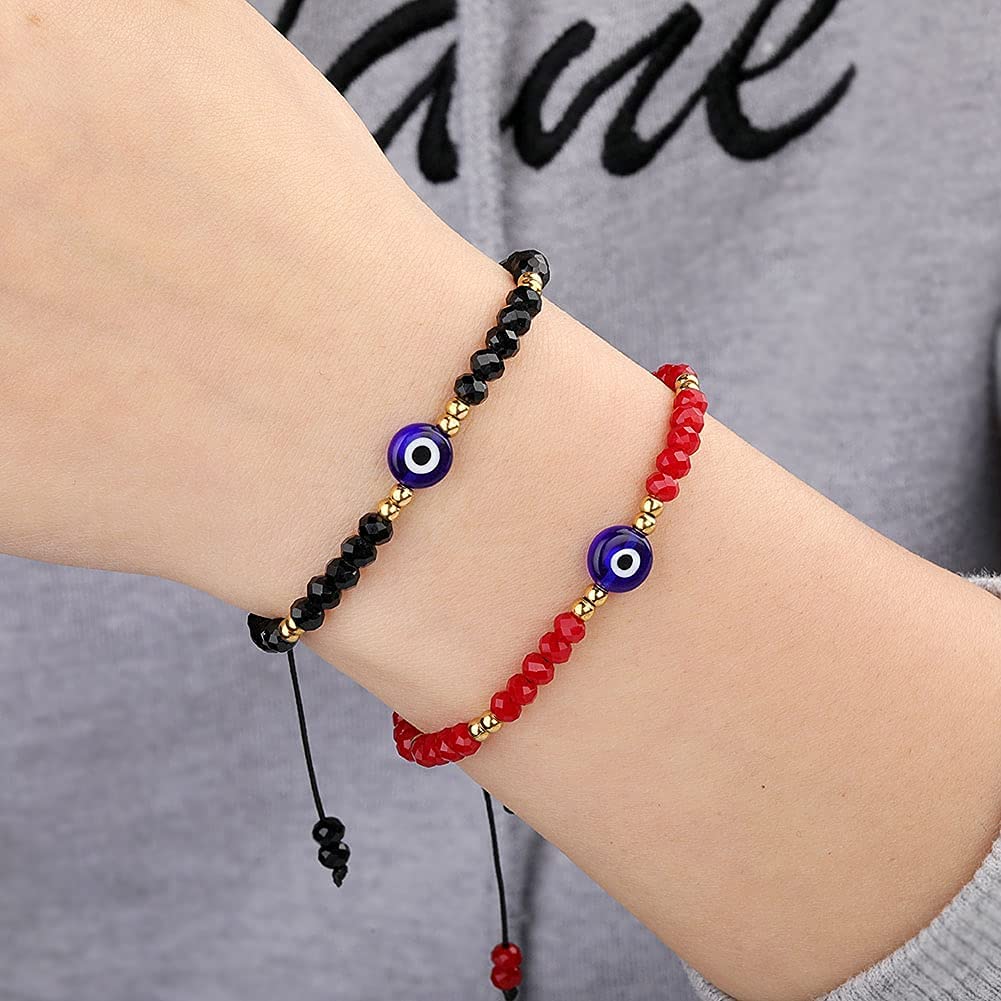GUSTAVE Black & Red 2pcs Evil Eye Beaded Bracelets with Blue Sapphire Adjustable String Amulet for Women,Men,Girls & Couple