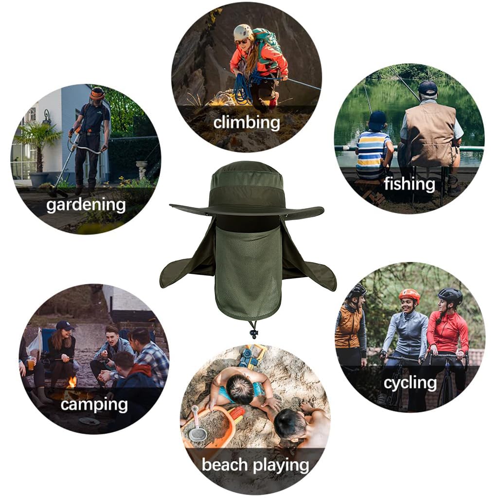 GUSTAVE Wide Brim Summer Hat with Detachable Neck Flap & Mesh Face Cover UV Sun Protection Outdoor Breathable Lightweight Summer Hat for Camping, Hiking, Fishing, Adjustable 21.6