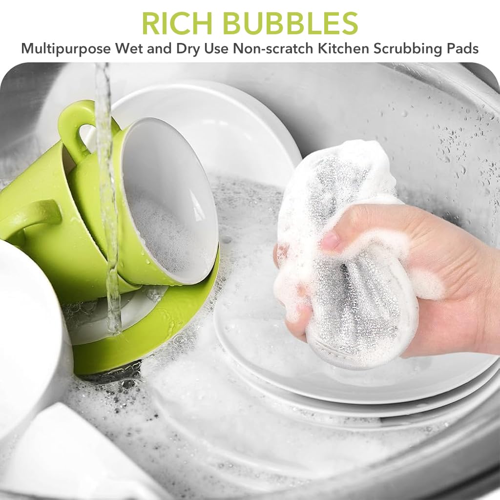 Supvox 6Pcs Kitchen Dish Washing Sponge Cloth Double Side Stainless Steel Wire 4.7 Inches Round Kitchen Cleaning Rags with Hanging Loop Multipurpose Wet and Dry Use Non-scratch Kitchen Scrubbing Pads