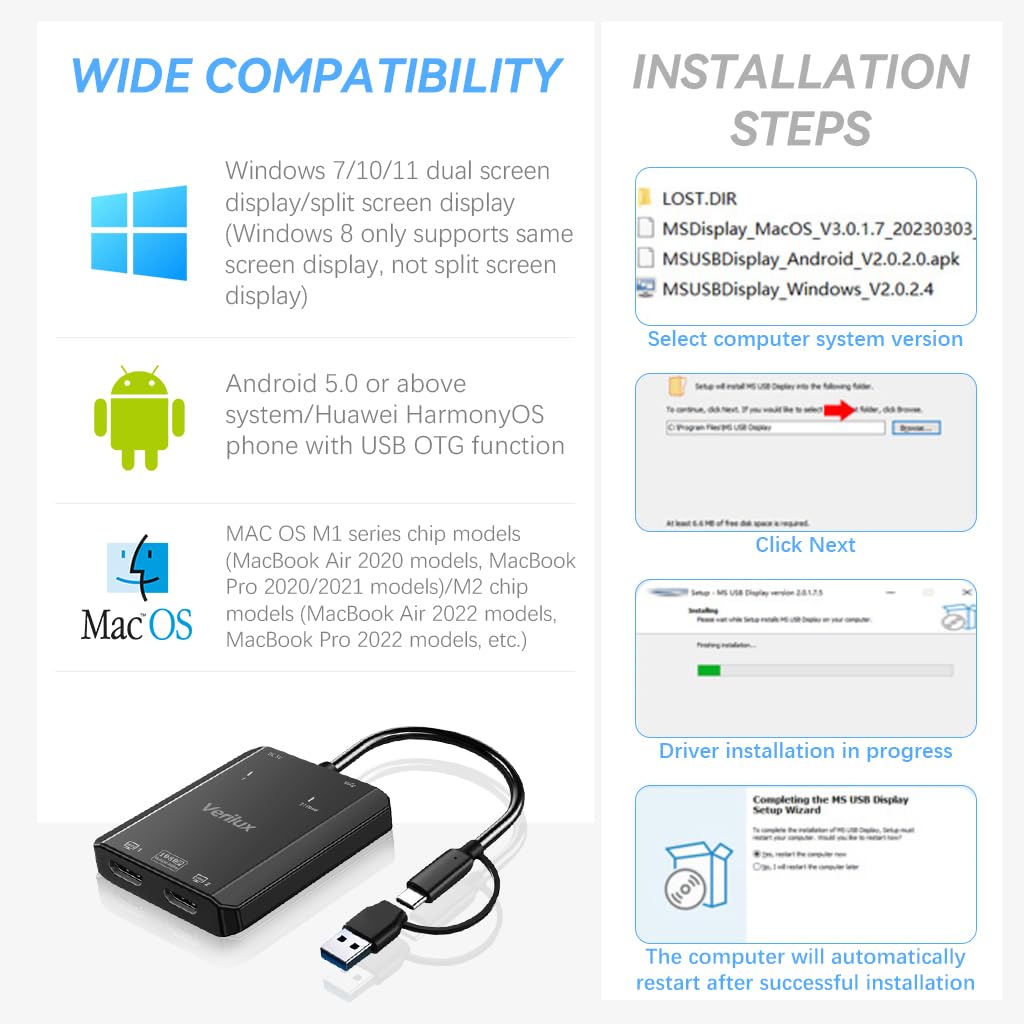 ZORBES 2 in 1 USB to HDMI Adapter Dual HDMI Adapter 1920x1080P@60Hz HD Pixel Converter USB 3.0 HD Video Connection Adapter Universal HDMI Adapte for Laptops, Monitor, Phone, Tablet