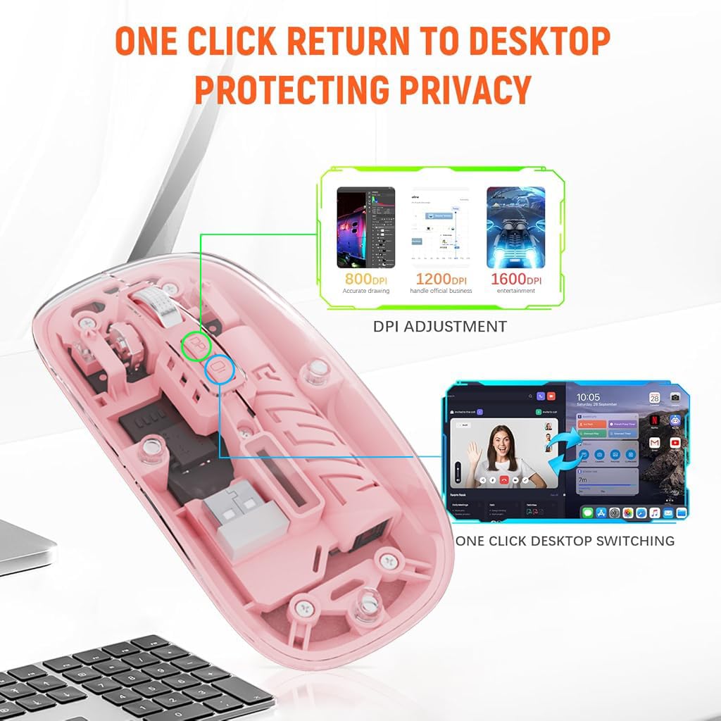 Verilux Transparent Wireless Mouse, Rechargeable Dual Modes 2.4G & 5.1 Bluetooth Mouse